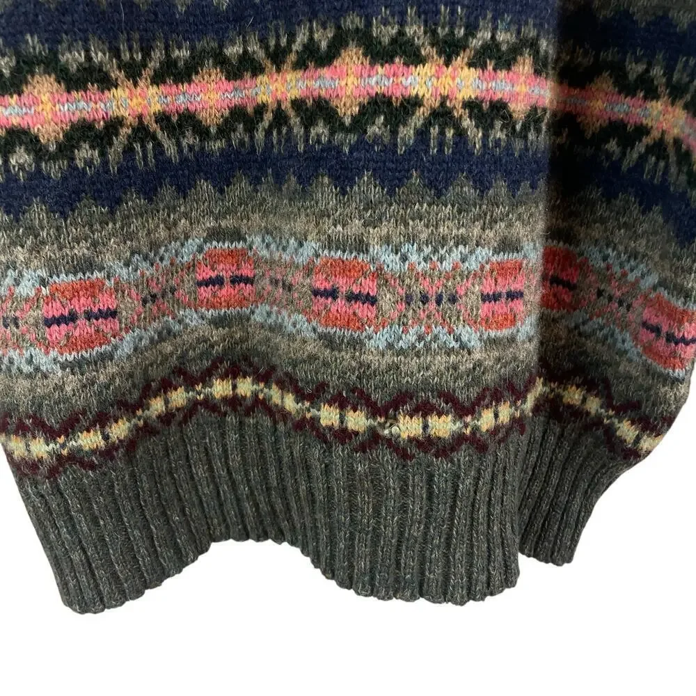 Polo Ralph Lauren Lambswool Alpaca Jacquard Fair Isle V Neck Sweater Green VTG L - Picture 8 of 9
